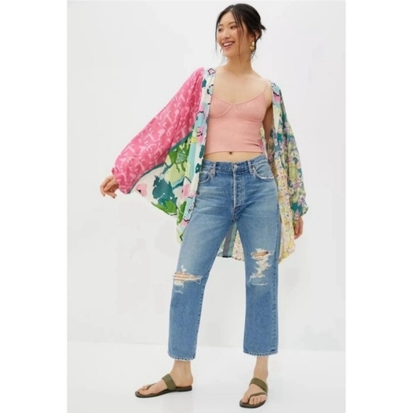 Anthropologie Kimono Cardigan in Green Paisley Floral Mix Print - Picture 3 of 6